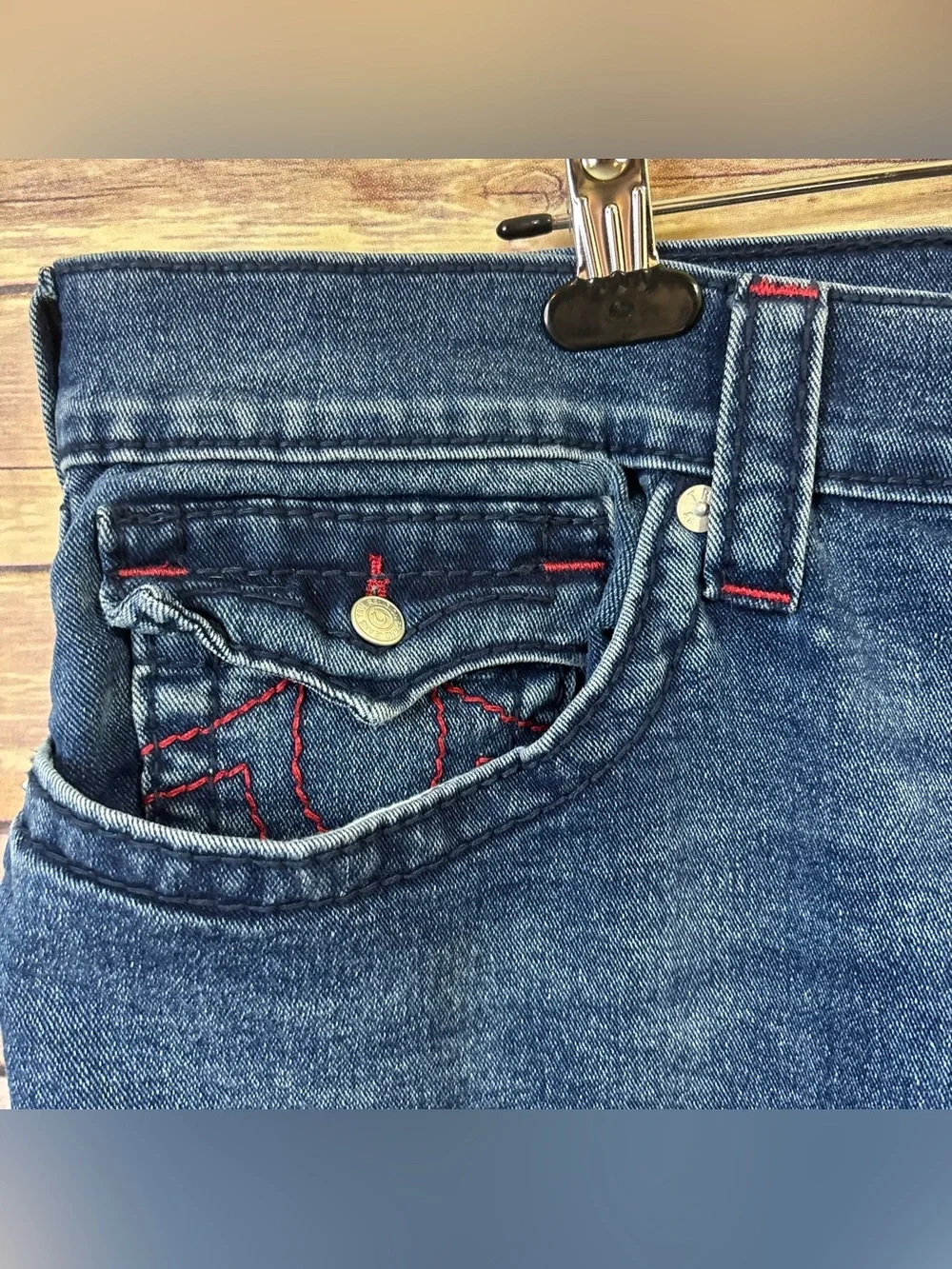 True Religion Men's Blue Jeans with Red Stitching Size 40 x 30